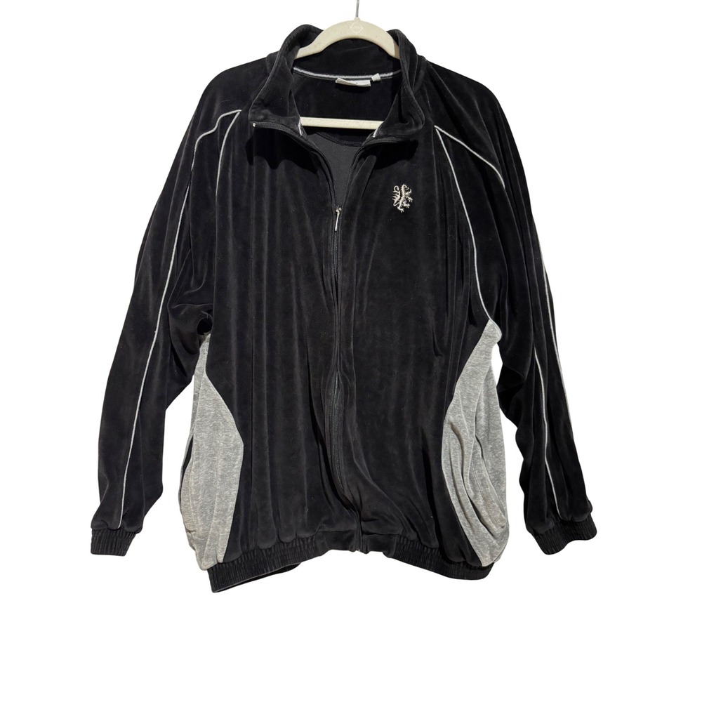 Vintage Adolfo‎ Sports Dragon logo Mens Velour Track Jacket Black Gray 2X Rapper
